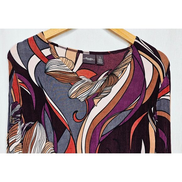 Chicos Travelers Abstract Floral Print Tunic Top Size 1 Multicolor Stretch Knit - Picture 3 of 6